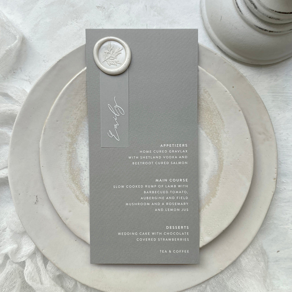 Grey Wedding Menu with White Ink Vellum Name Tags
