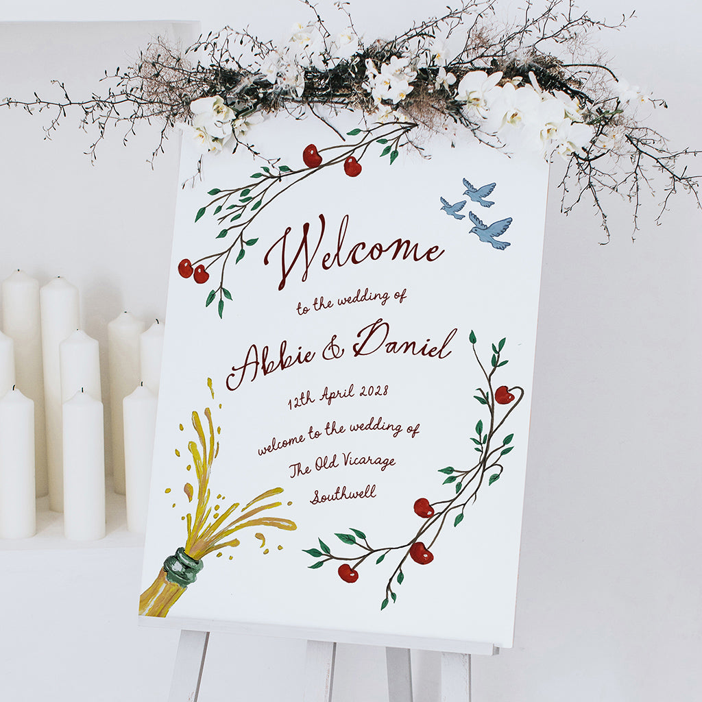 Cherry Blossom Wedding Welcome Sign with Champagne Pop