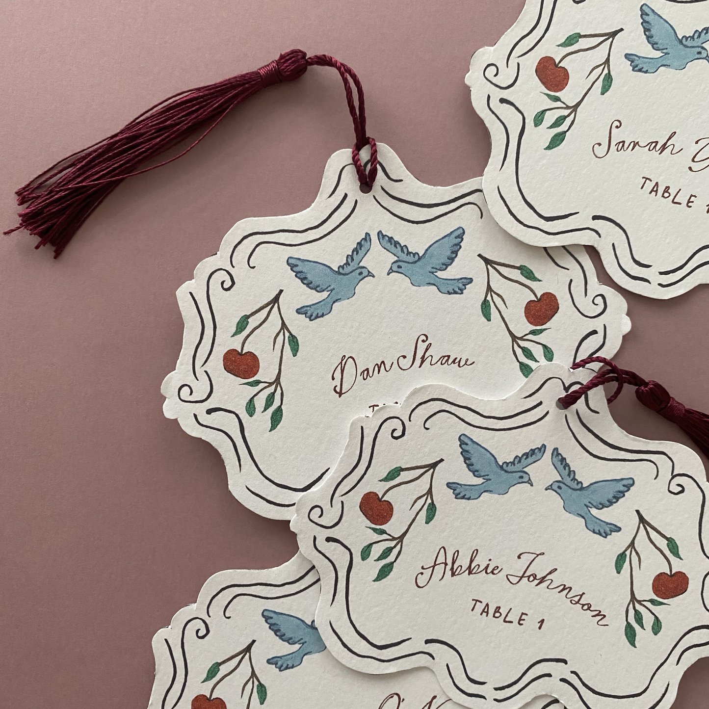 Cherry and Dover Place Cards with Tassel