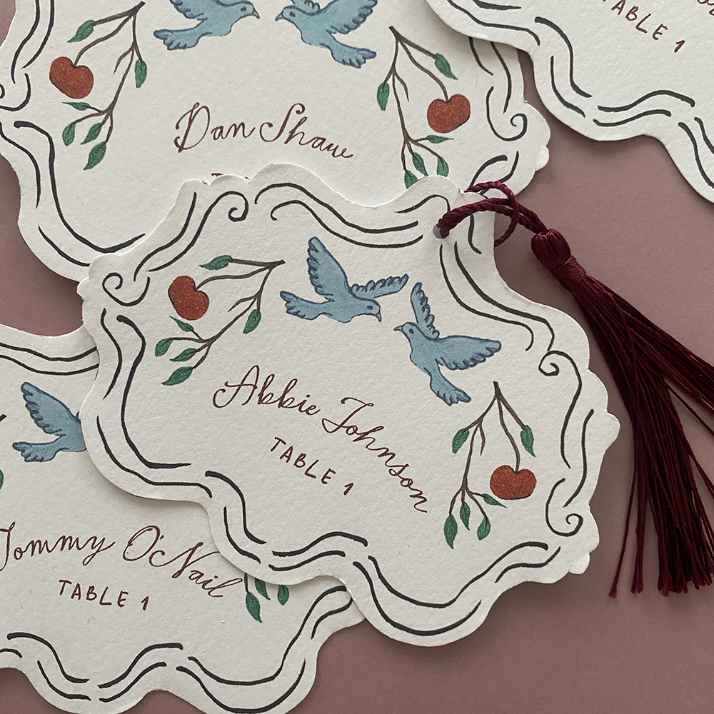 Cherry and Dover Place Cards with Tassel