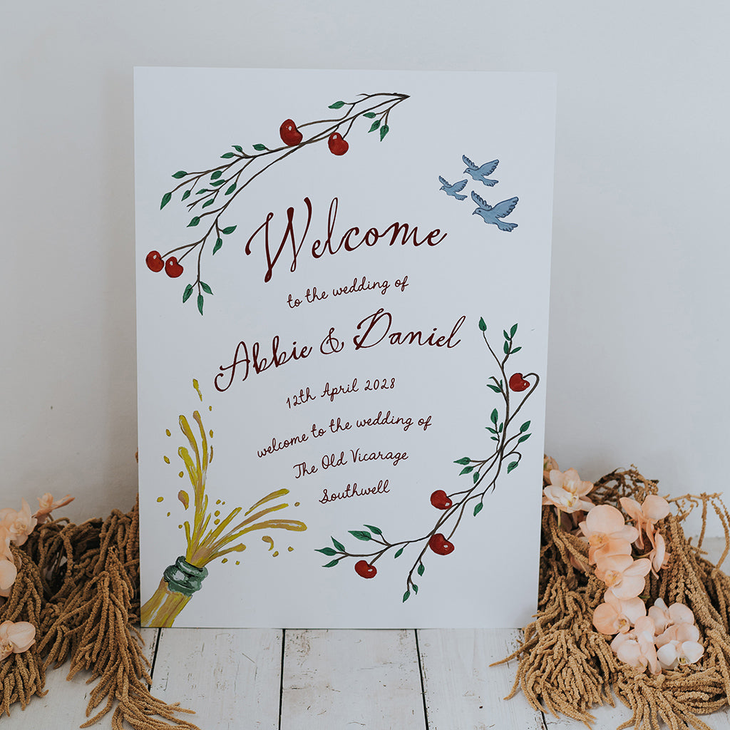 Cherry Blossom Wedding Welcome Sign with Champagne Pop