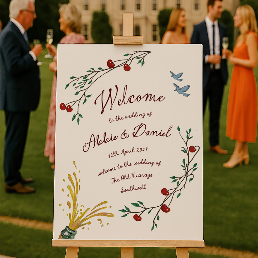 Cherry Blossom Wedding Welcome Sign with Champagne Pop