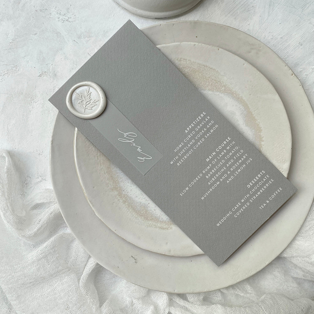 Grey Wedding Menu with White Ink Vellum Name Tags