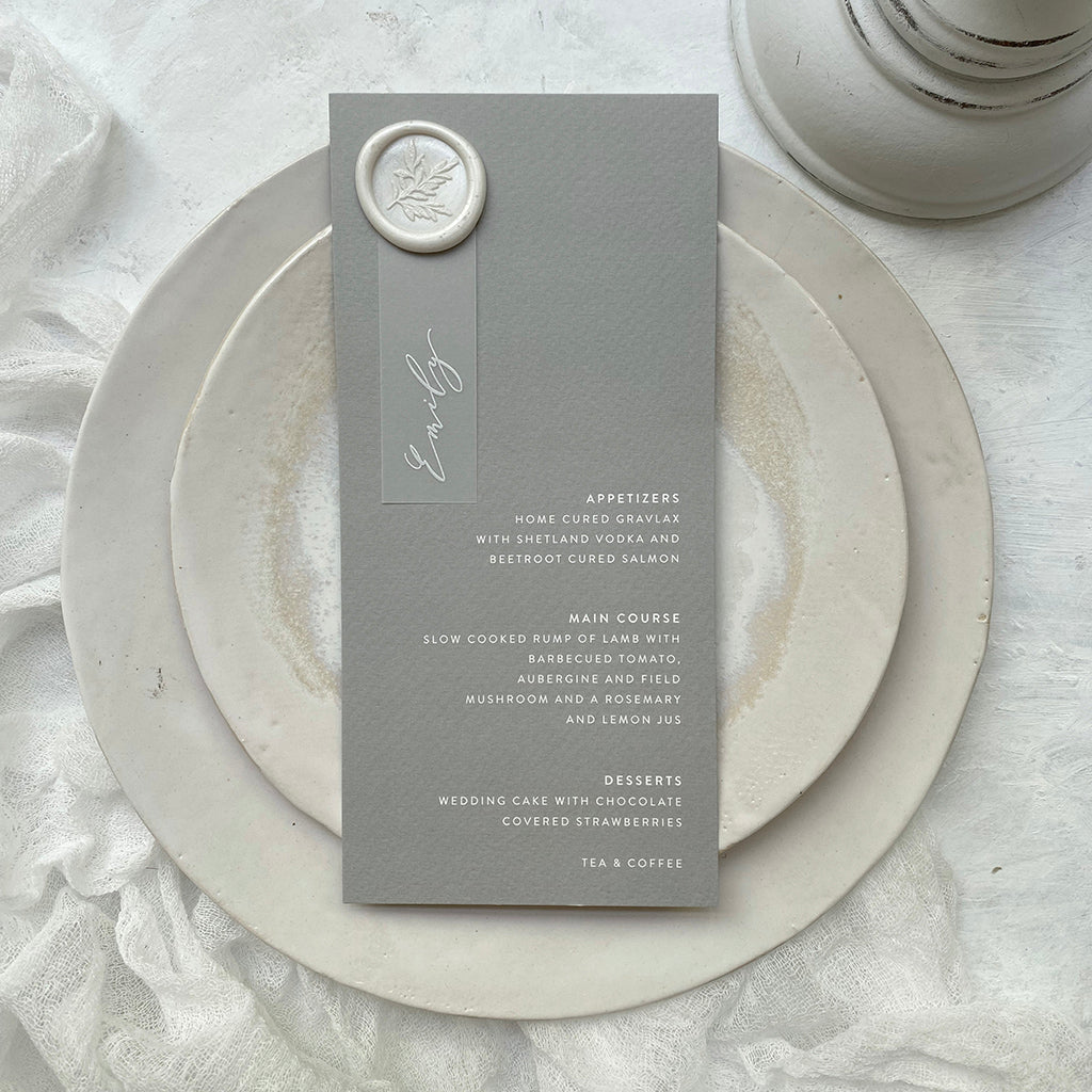 Grey Wedding Menu with White Ink Vellum Name Tags