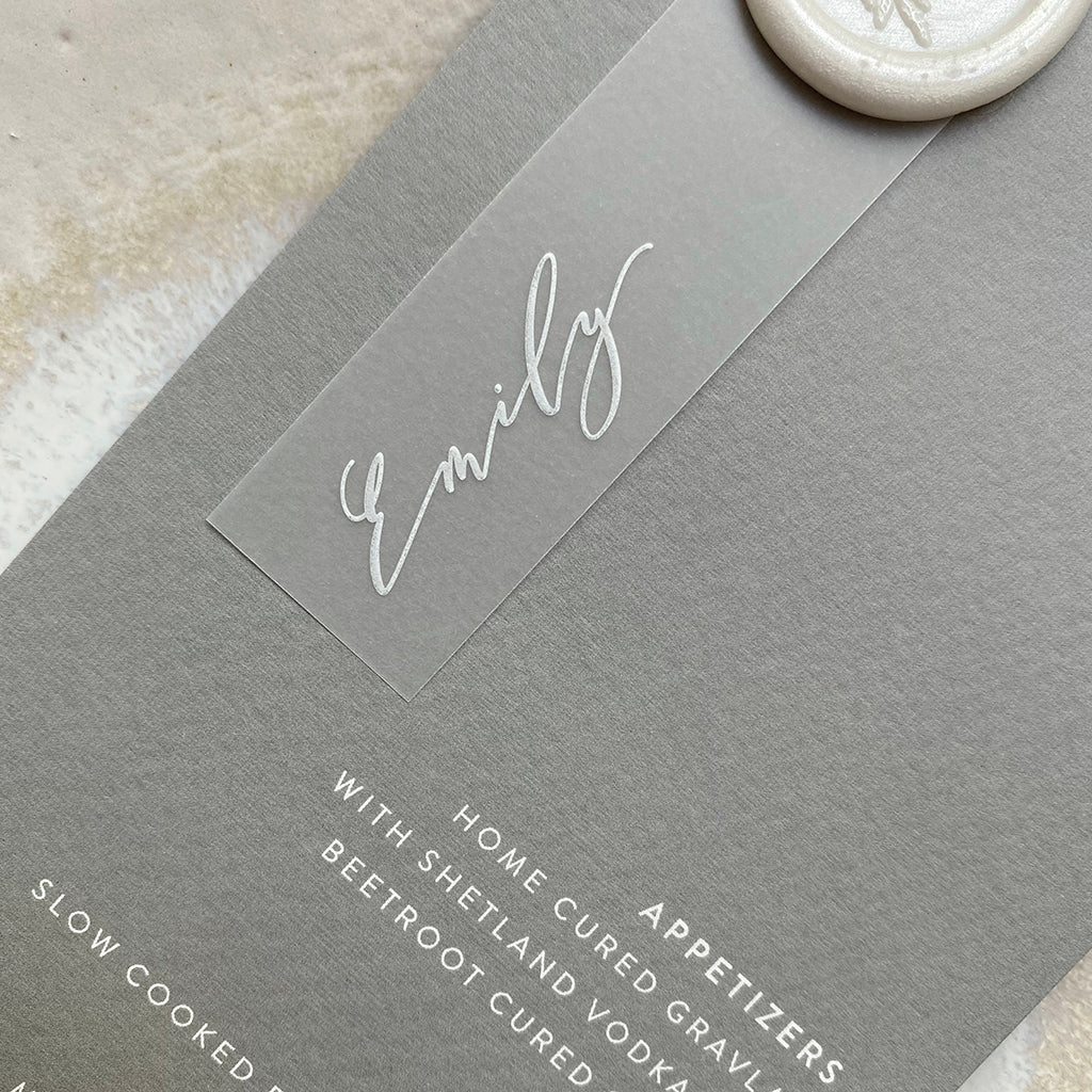 Grey Wedding Menu with White Ink Vellum Name Tags