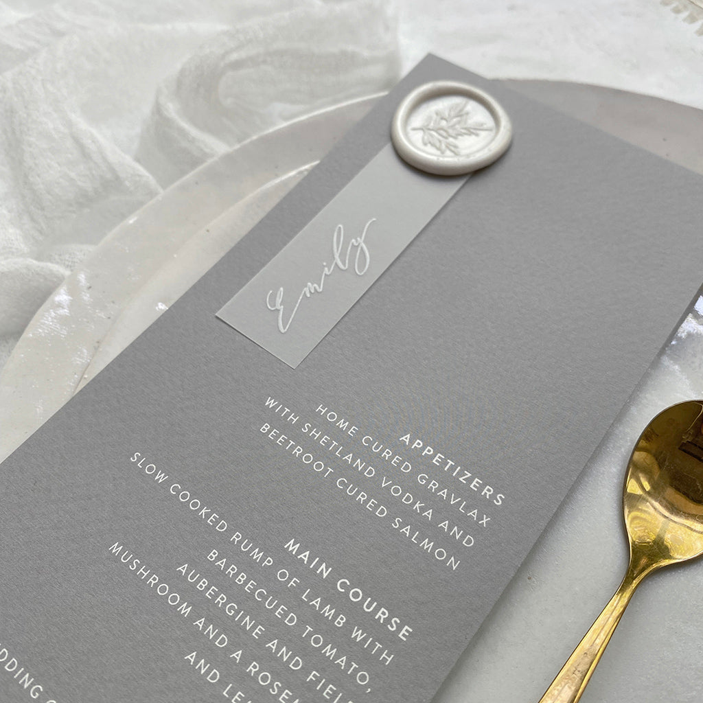 Grey Wedding Menu with White Ink Vellum Name Tags