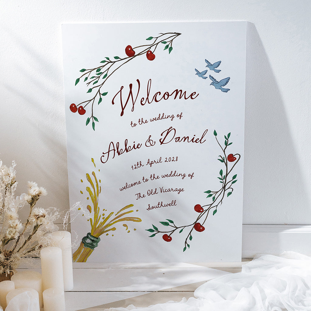 Cherry Blossom Wedding Welcome Sign with Champagne Pop