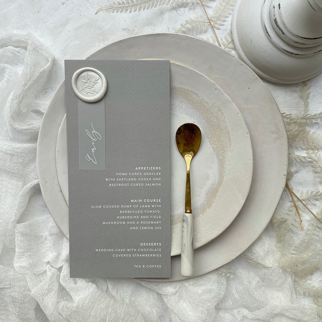 Grey Wedding Menu with White Ink Vellum Name Tags