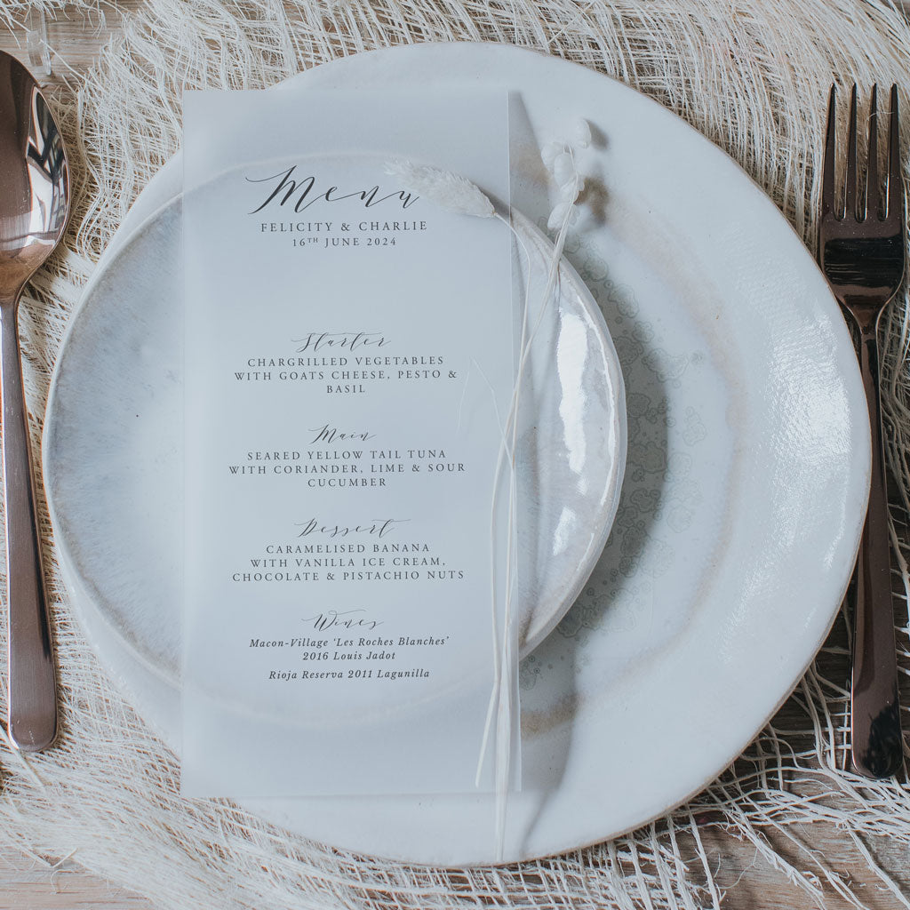 Felicity The Menu Felicity Vellum Menu – Lilac & White