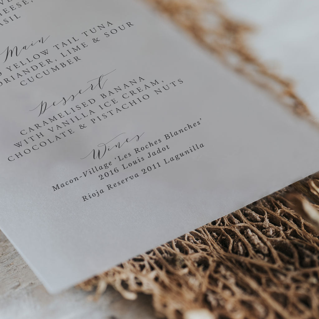 Felicity The Menu Felicity Vellum Menu – Lilac & White