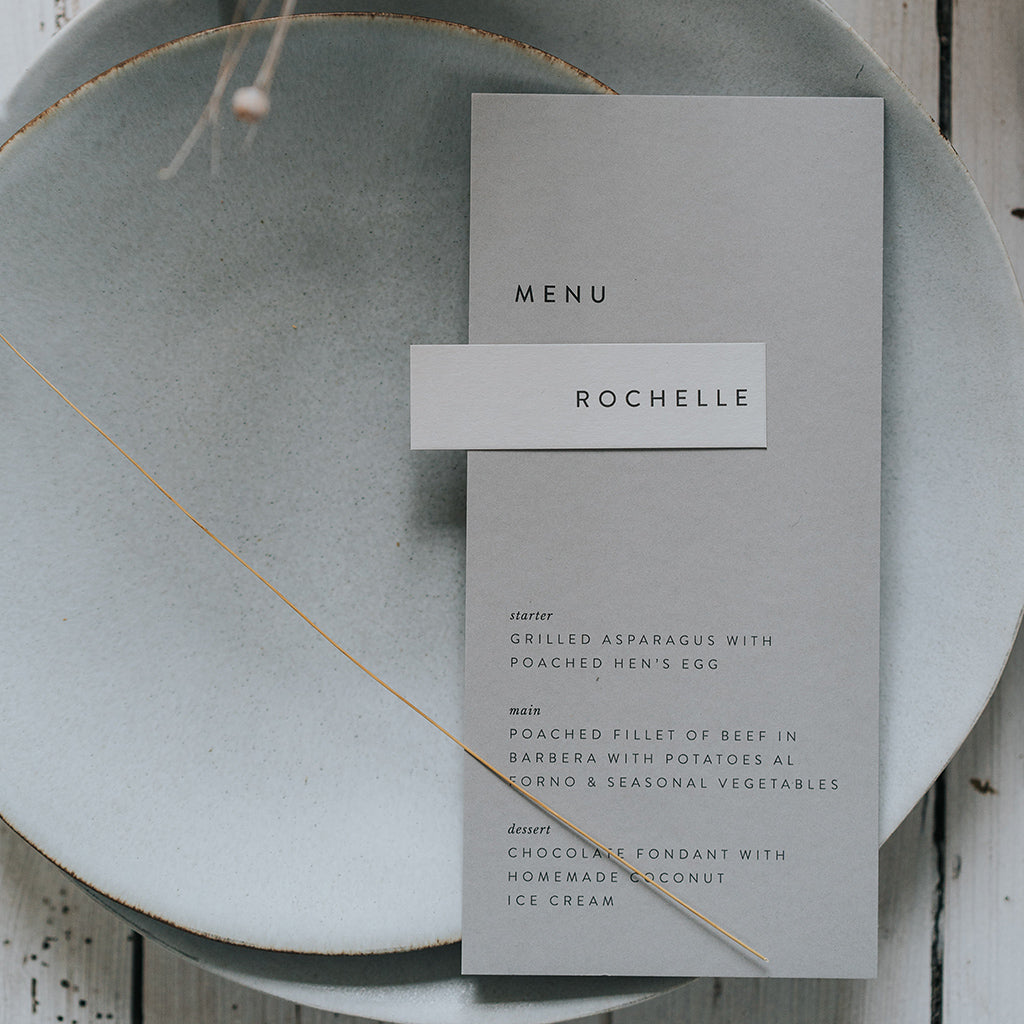 Sarah Personalised Nude Menu with Name Tag – Lilac & White