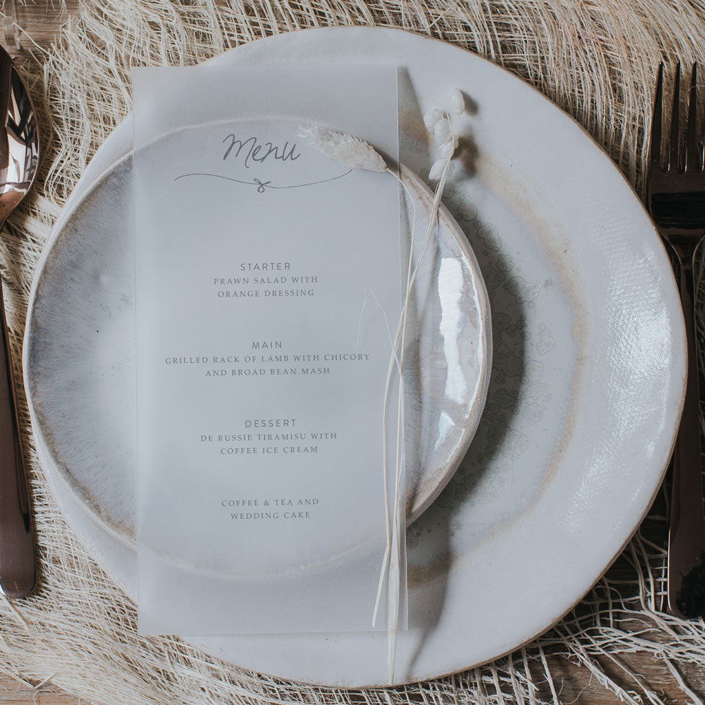 Tangled in Knots Vellum Menu – Lilac & White